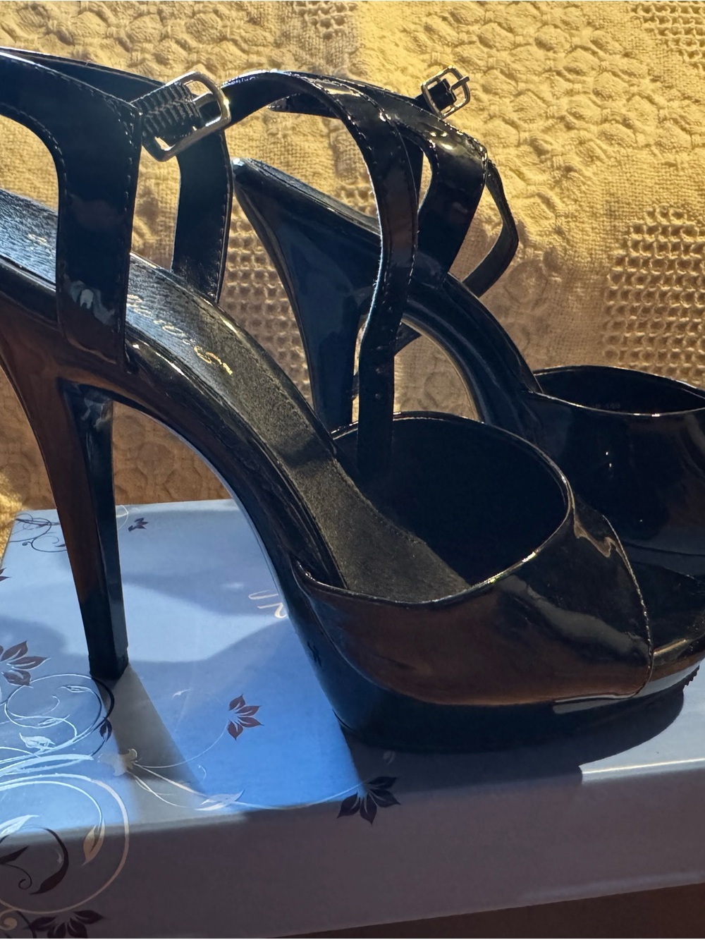 Pleaser Black Patent Platform Stiletto Heels with Ankle Straps